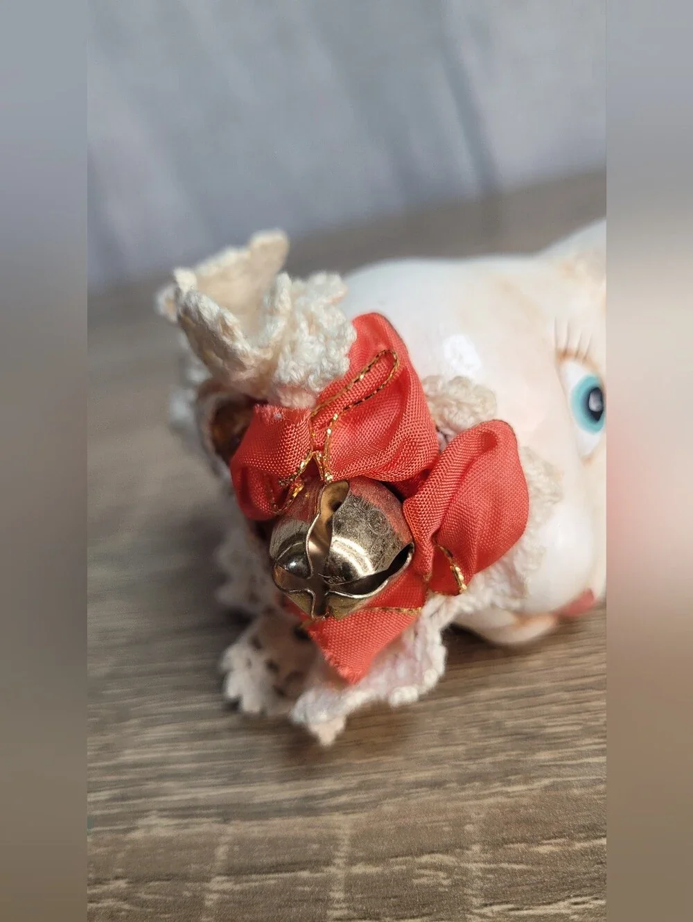 Vintage Whimsical Hand-Painted Bunny Rabbit Ornament W/ Lace Collar Farmhouse